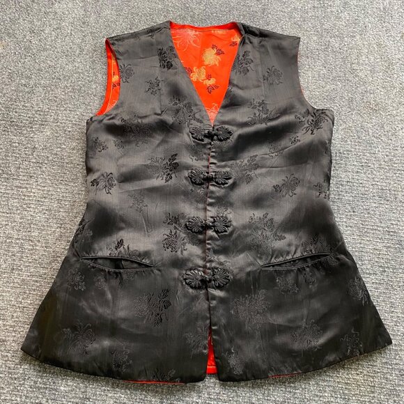 VTG Peony Brand Chinese Vest Womens M Reversible Red Black Floral Frog Closure - Picture 2 of 13